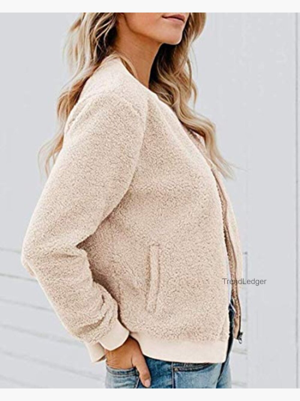 Fleece Bomber Jacket Faux Sherpa Casual Long Sleeve Zip Up Loose Fit Winter Coat - Picture 3 of 7